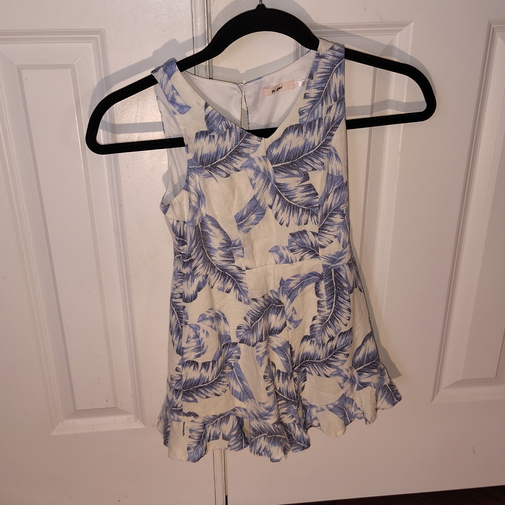 miami White Tank Top with Blue Leaf Print and Ruffle Hem